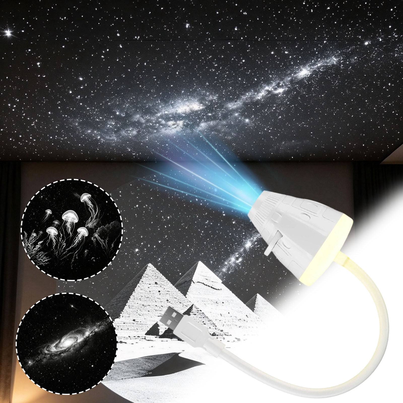 2-in-1 Star Projector Night Light – 5D Holographic Galaxy Lamp, USB Powered, Dimmable, 360° Adjustable, With 34 Slides