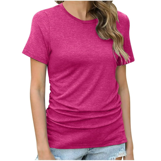 AherBiu Hauts à Manches Courtes pour Femmes Col Rond Froncé Confortable Basique Été Décontracté Haut Ample T-Shirts
