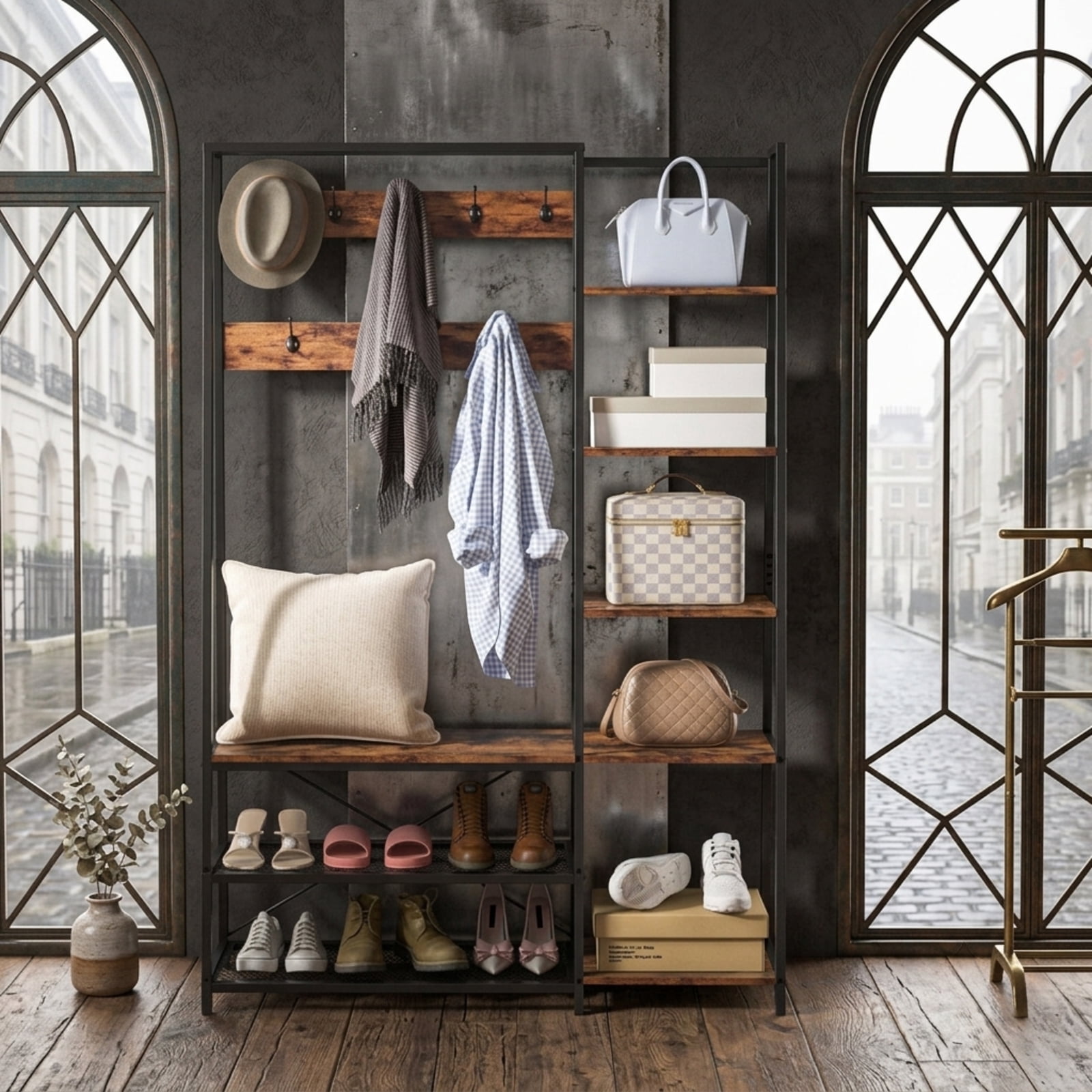 Furnibear 5 in 1 Entryway Hall Tree with Storage Bench and 9 Hooks and Shoe Shelves for Mudroom and Bedroom, Rustic Brown