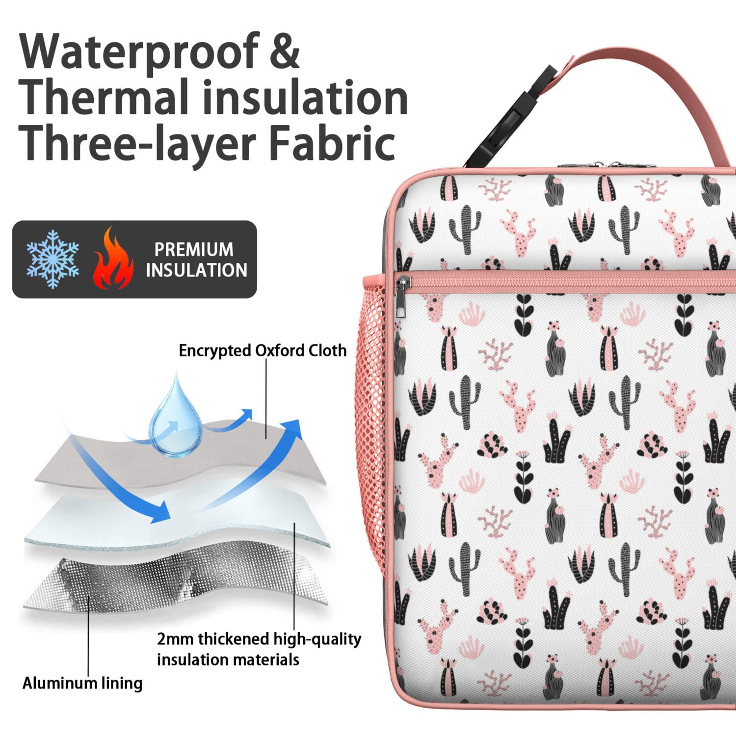 Minimalist Botanical Cactus Insulated Lunch Bag – Southwestern Succulent and Desert Style Watercolor Design, Waterproof Durable Thermal Cooler Tote for Work and Travel