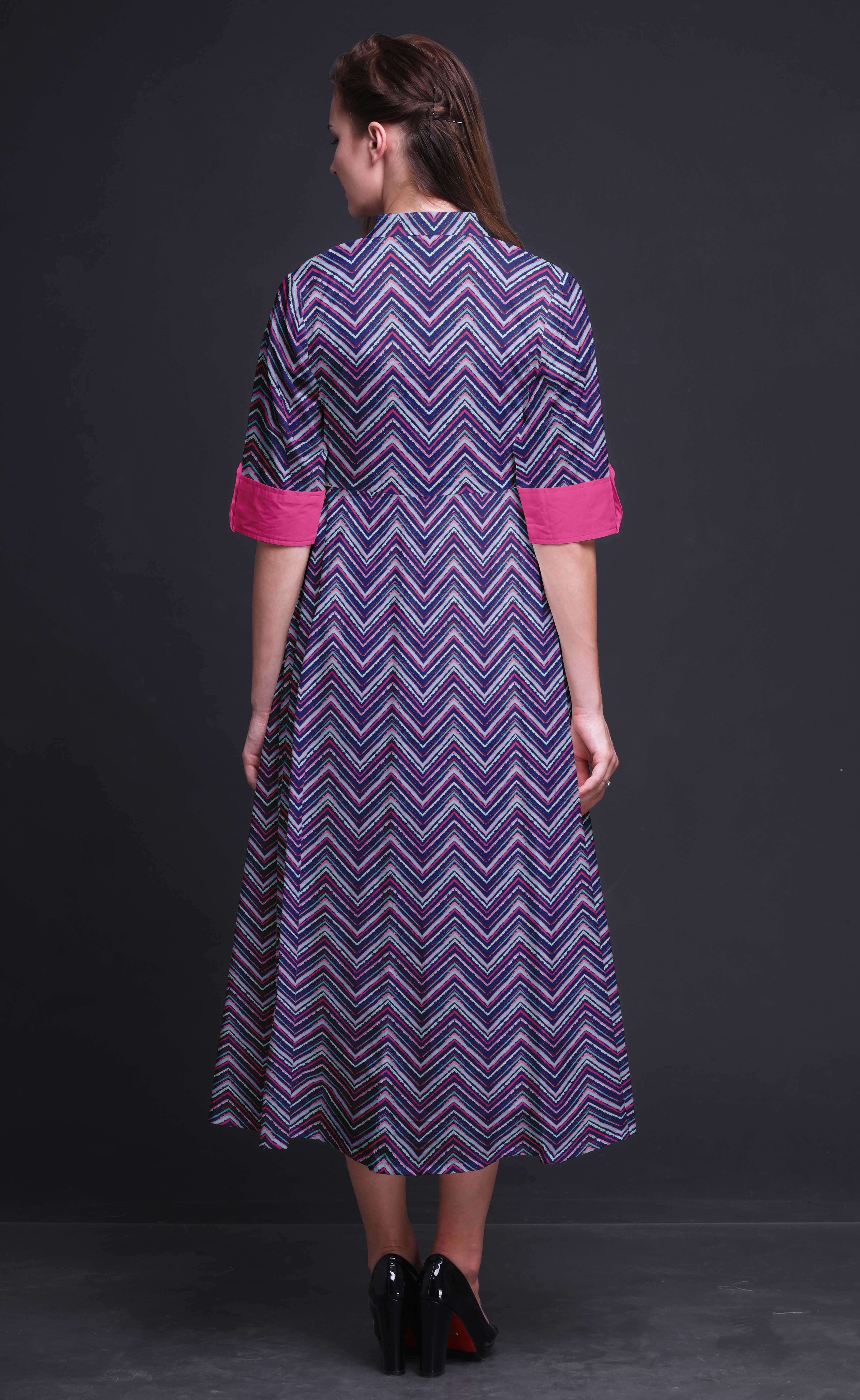 Bimba Women's Button-Down Shirt Dress - Print Mandarin Collar, Roll-Up Sleeves, Mid-Calf Length - View #5