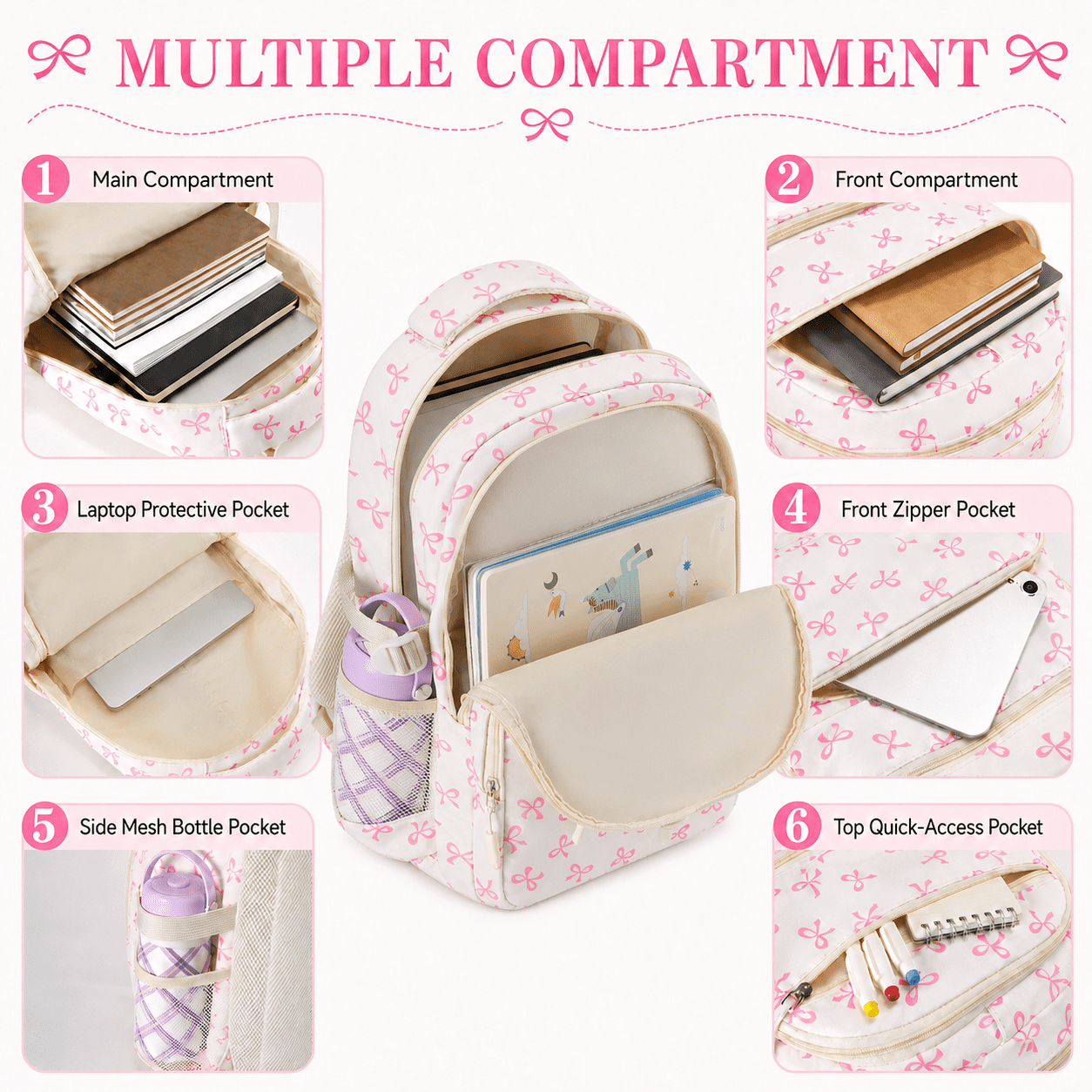 Soda Candy Girls Backpack Set 3pcs Coquette Bow School Bookbag for Kids Cute Kawaii Printed Book Bag with Lunch Bag Pencil Pouch