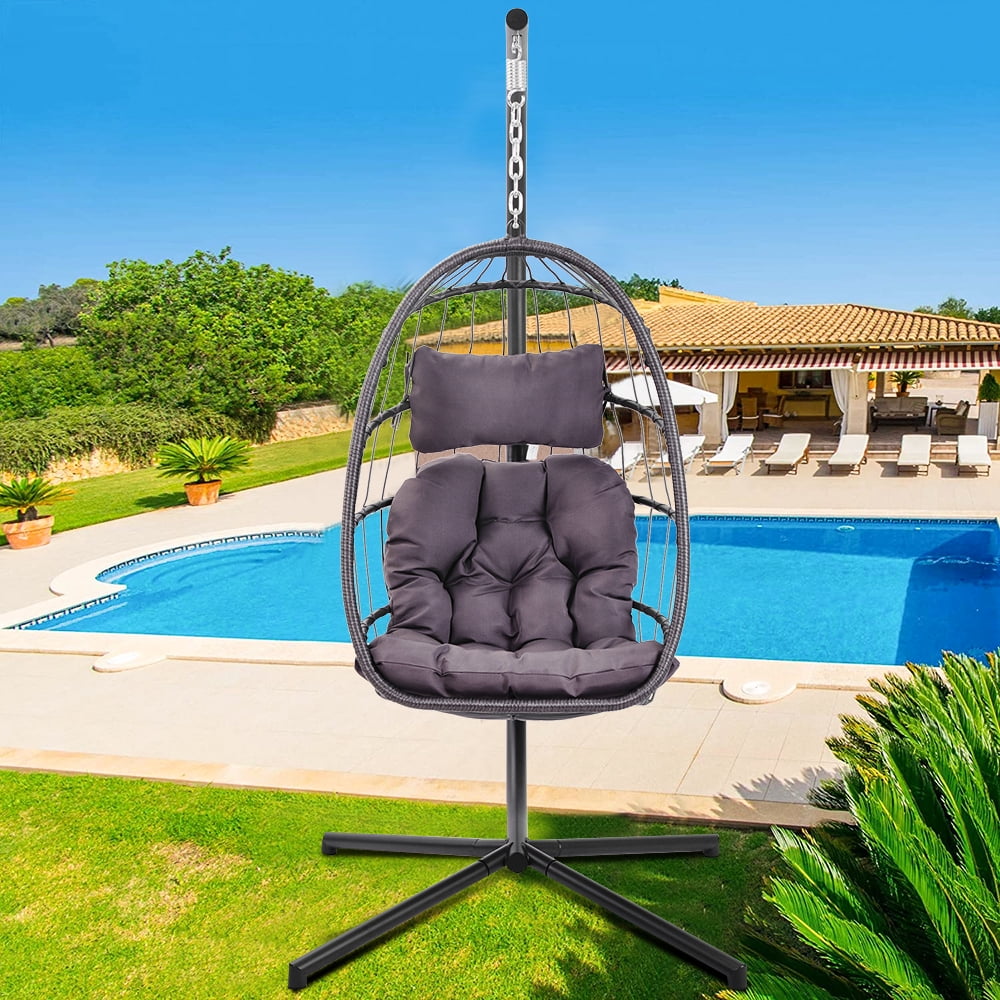 Hanging Wicker Egg Chair with Stand and Dark Gray Cushion, Heavy Duty
