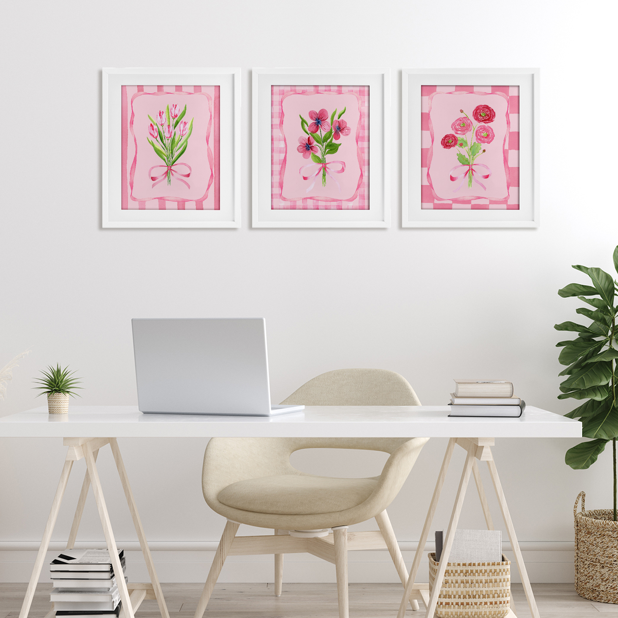 Pretty & Sweet Bordered Flowers 3 Piece White Framed Print Under Glass Set, design by Nina Jacobs