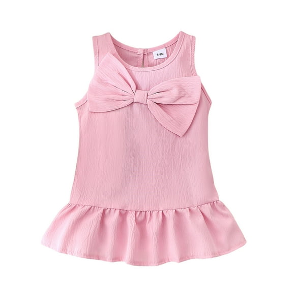 MIXUE Baby Girls Casual Dresses Summer Solid Color Crew Neck Bowknot Sleeveless Ruffled A Line Princess Dance Party Dress Outwear,Pink,9-12 Months