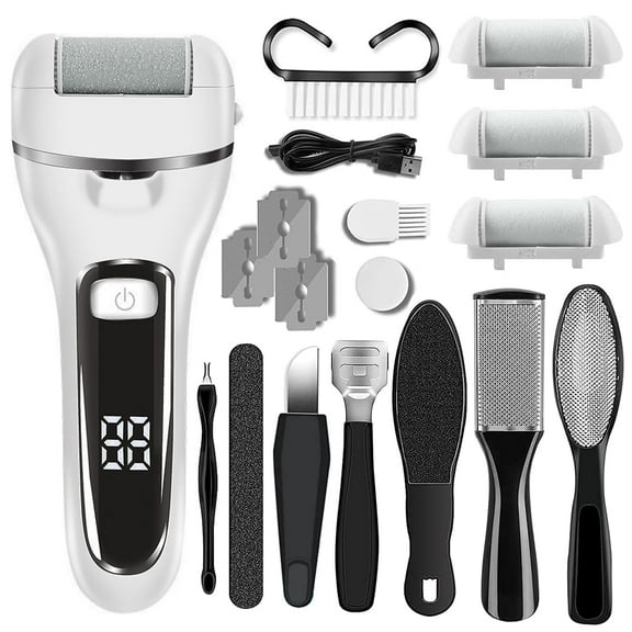 Rirool Electric Callus Remover Kit, 18-in-1 Pedicure Tool Set with 3 Roller Heads for Removing Cracked Heels and Dead Skin，White