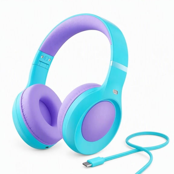 Kids Headphones, USB Type C Headphones for Kids, Foldable 85/94dB Safe Volume Stereo Adjustable over Ear Headphones for Kids, Wired Kids Headphones for School Travel Tablet-Purple