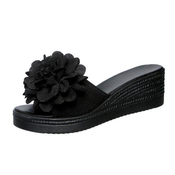 Black Ladies Casual Wedge Sandals Featuring Floral Details A Peep Toe Design And A Chunky Heel