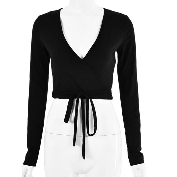 Women's Wrap Crop Top, Sexy Deep V-Neck Knot Front Long Sleeve Basic Tee  Casual Strappy Blouse 