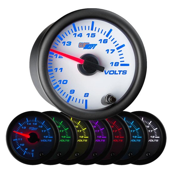 GlowShift White 7 Color Volt Voltmeter Gauge - Voltage Range 8-18 Volts - White Dial - Clear Lens - 2-1/16" 52mm