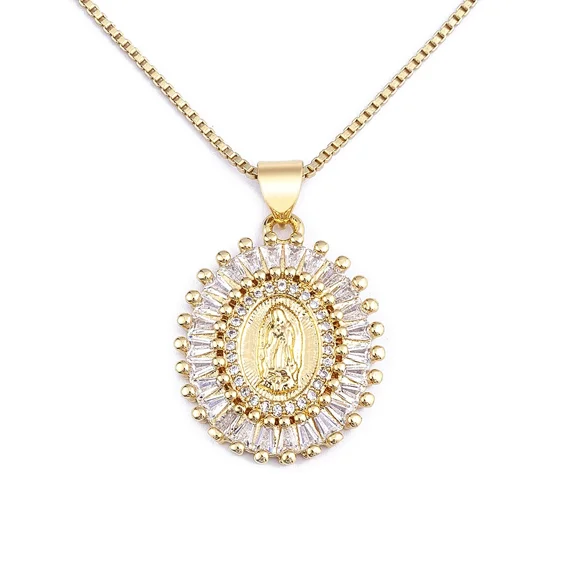 New Religious Virgin Mary 14K Yellow Gold Full Zircon Pendant Necklace Men Women Party Wedding Jewelry High Quality