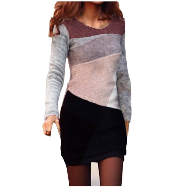 Minivestidos sexis de fiesta de manga larga con cuello redondo y bloque de color por encima de la rodilla para mujer Fridja NMB1112