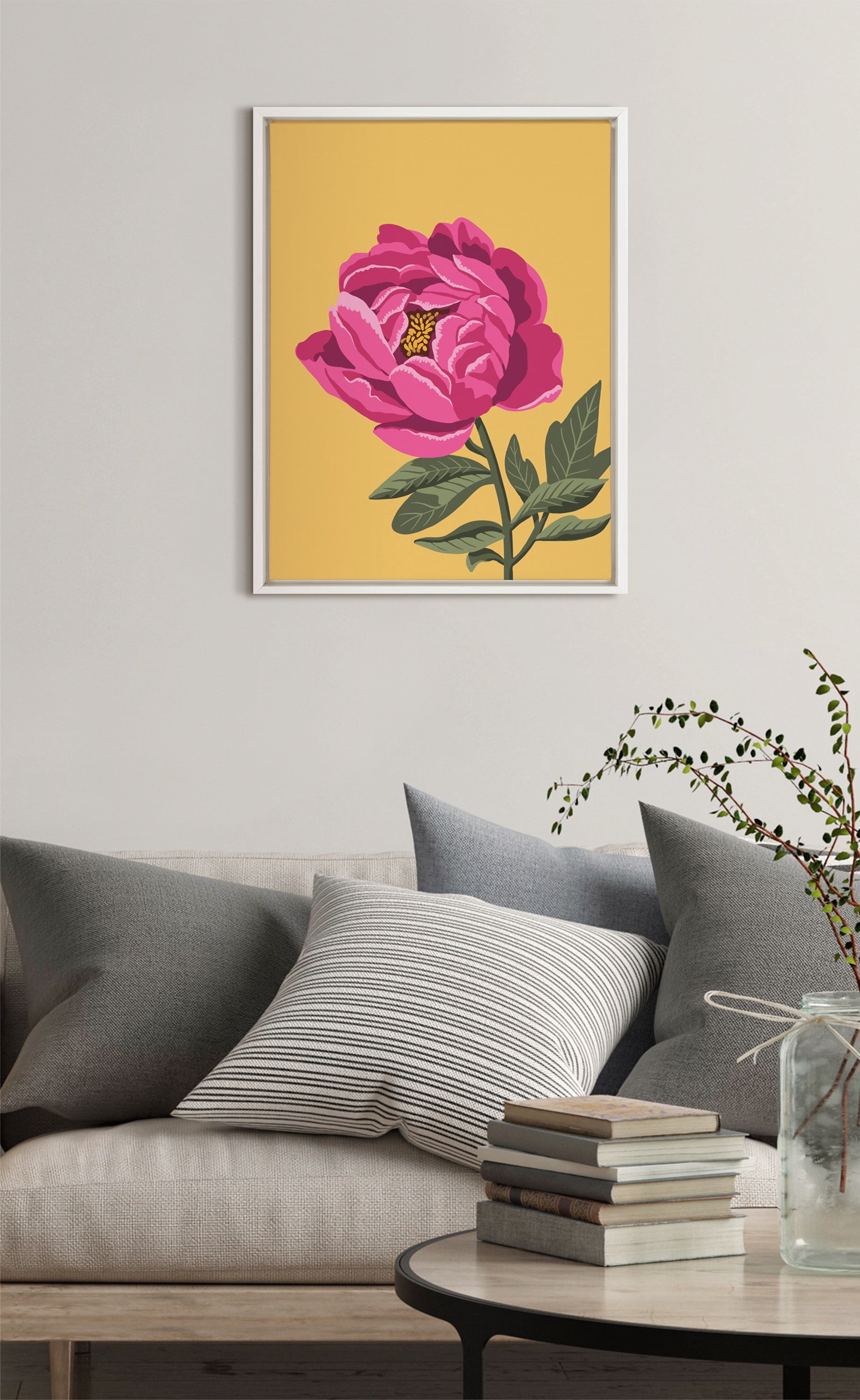 Kate and Laurel Sylvie Bright Peony Framed Canvas Wall Art by Maria Filar, 18x24 White, Natural Floral Art for Wall