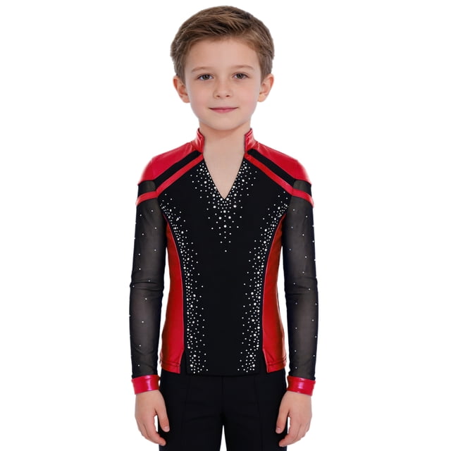 RUNQHUI Kids Boys Shiny Rhinestone Long Sleeve Figure Ice Skating Top Tees Performance Competition T-Shirts Red 16