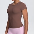 thumbnail image 4 of Garbnen Short Sleeve Shirts for Women Slim Fit Crew Neck Tops for Women Basic Seamless Yoga Workout Tops for Women Brown L, 4 of 7