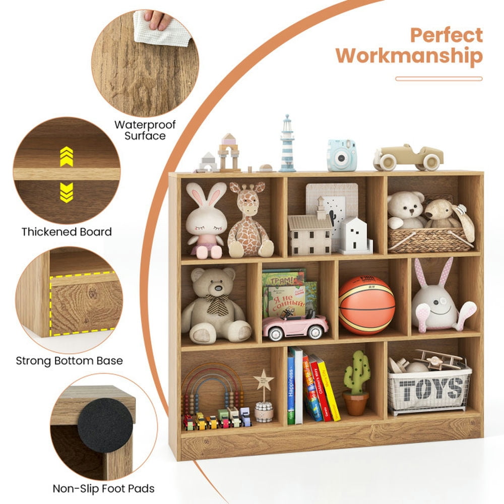 Spaco 41 Inches Wooden Toy Storage Organizer with 10 Open Cubes, Toy Cabinet with Non-Slip Foot Pads, Wooden Toy Storage Organizer for Playroom, Daycare, Classroom, Natural