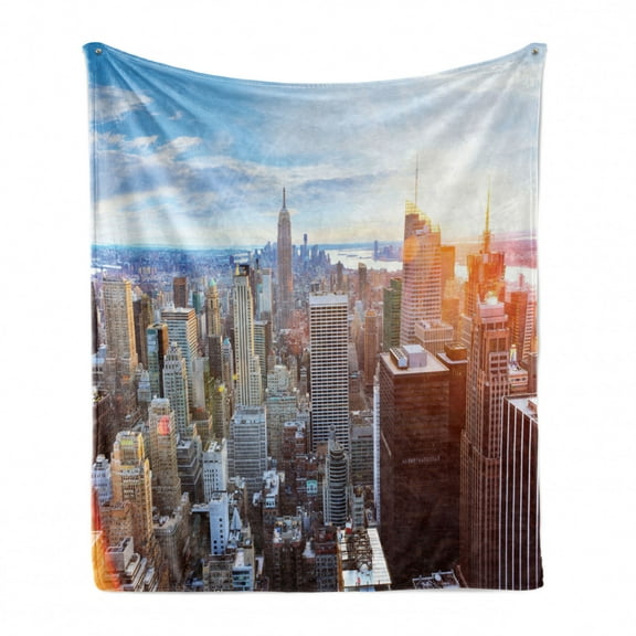 New York Soft Flannel Fleece Throw Blanket, Sunset in the Manhattan Island Downtown Brooklyn Financial District Skyscrapers, Cozy Plush for Indoor and Outdoor Use, 50" x 70", Multicolor, by Ambesonne