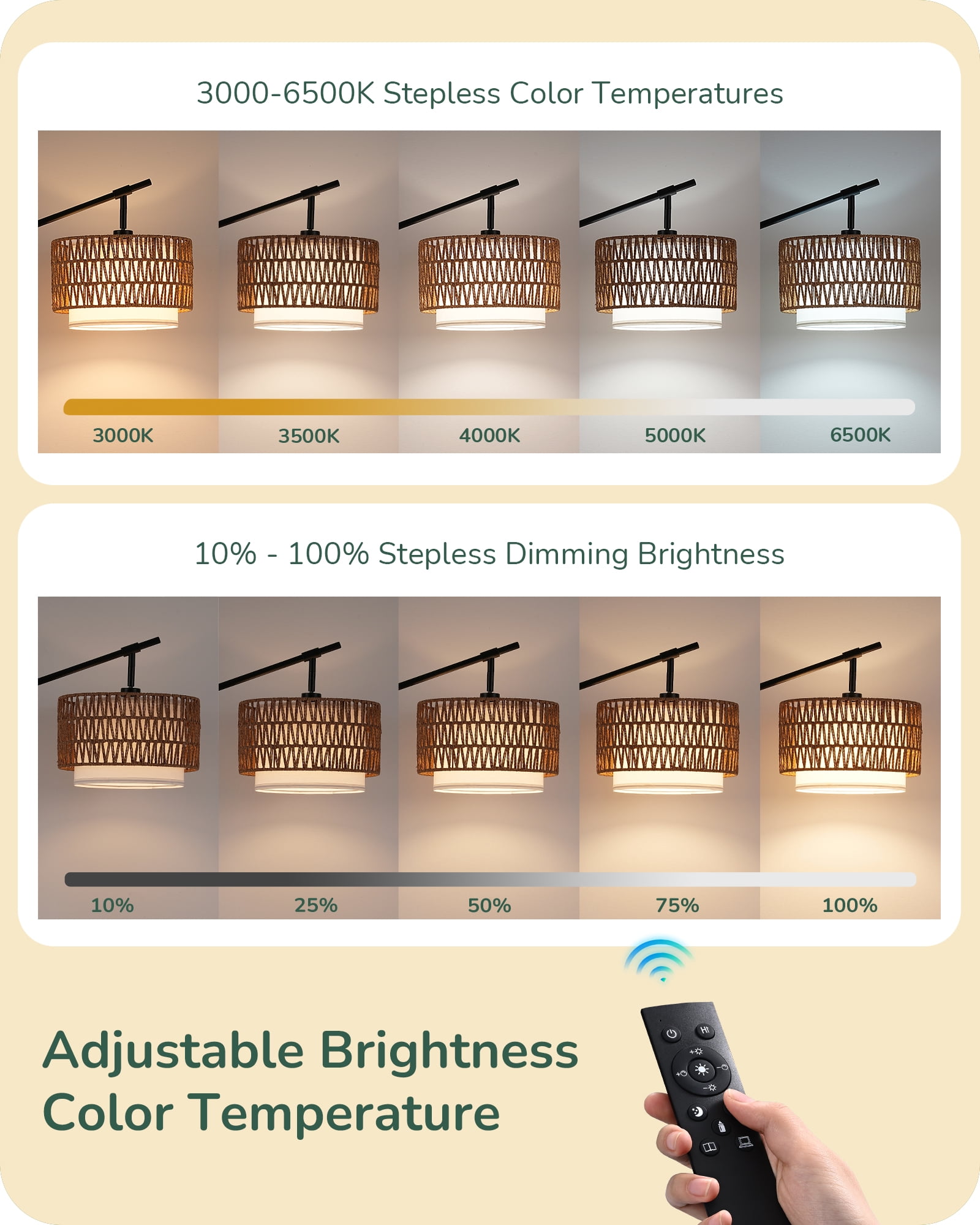 EDISHINE 63.78" Rattan Floor Lamps with Remote for Living Room, Black Standing Lamp with Double Drum Shade, Boho Farmhouse Tall Lamp for Bedroom, With LED Light Bulb