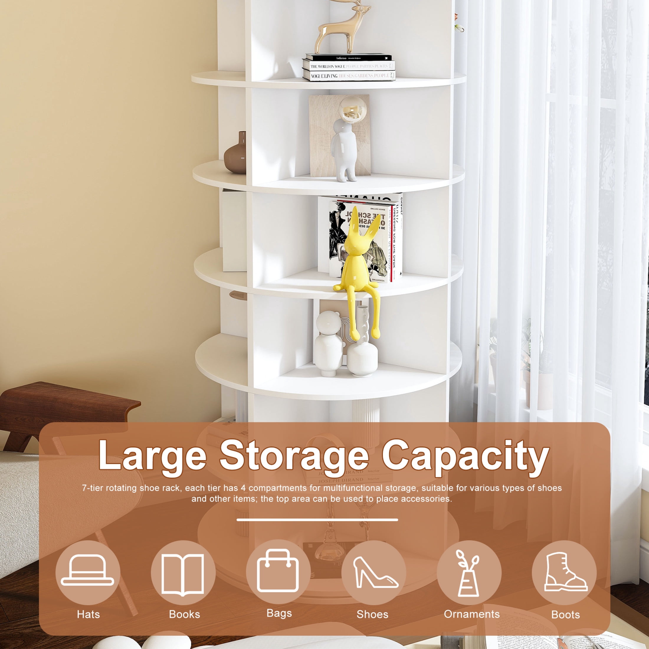 Noble House 7-Tier Rotating Shoe Rack Tower, 360° Freestanding Shoe Organizer for 28 Pairs, White