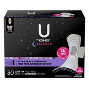 U by Kotex Balance Ultra Thin Overnight Pads with Wings, Extra Heavy Absorbency, 30 Count