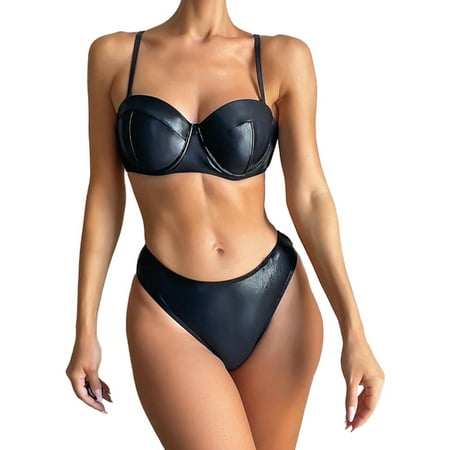 

Pudcoco Women Lingerie Set Black PU Leather Bra Thong Babydoll