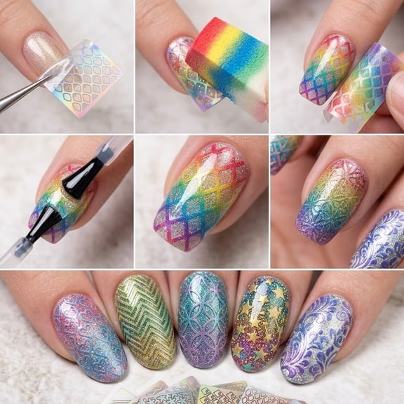 Holographic Nail Stencil Set, Reusable Nail Art Templates with Hearts, Stars, Flowers, Lace, Geometric and Fish Scale Patterns, DIY Nail Design Stencils for Gel Polish, Acrylic Nails and Salon Use