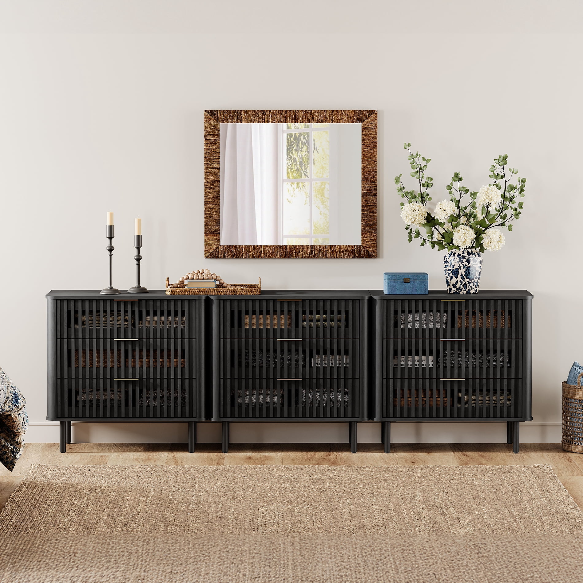 94.5"W Sideboard Buffet Cabinet with Storage, Fluted Kitchen Buffet Storage Cabinet with 9 Drawer, Large Coffee Bar Cabinet, Modern Buffet Table for Dining Living Room, Black