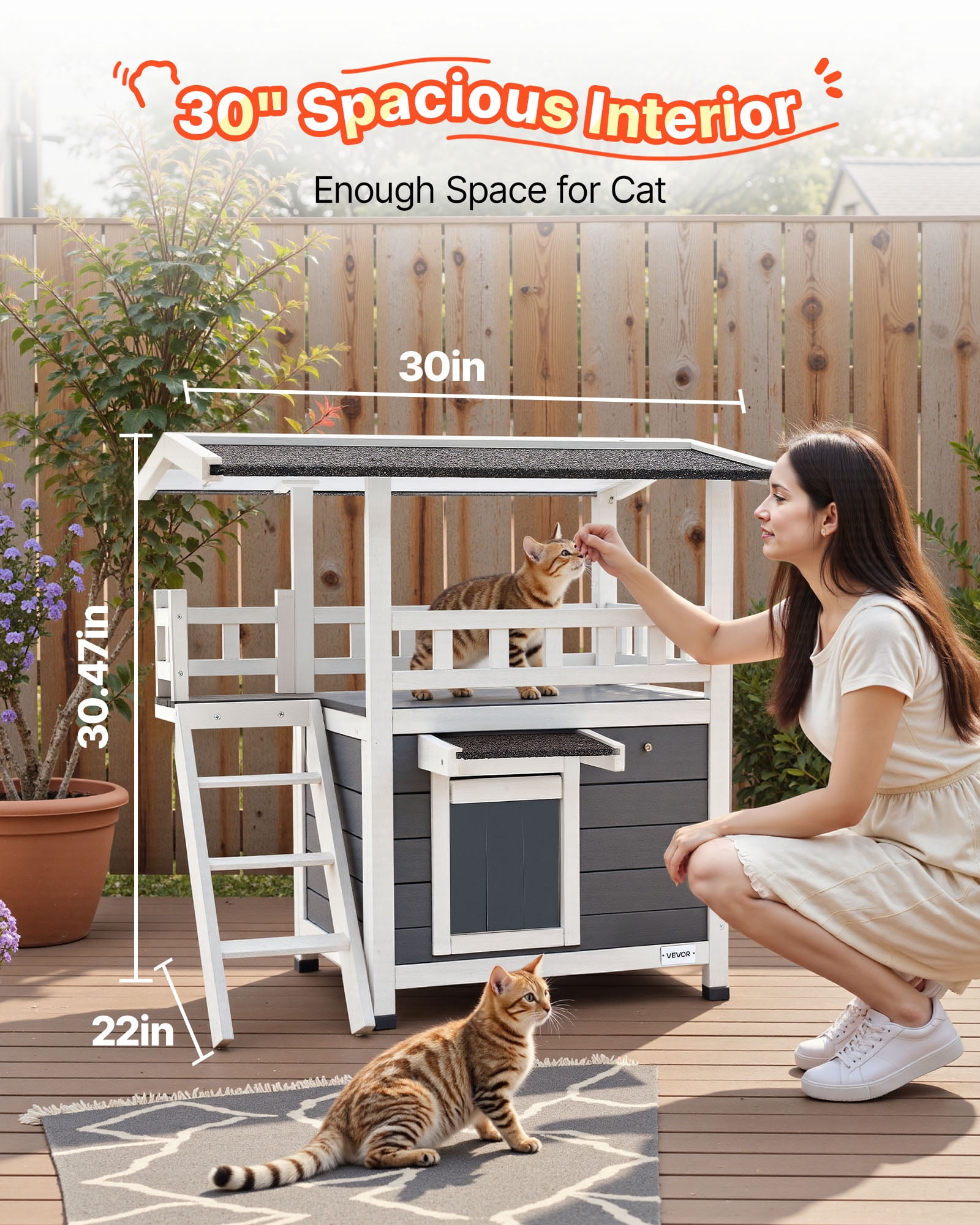 VEVOR Outdoor Cat House, 2-Story Wooden Cat Shelter with Stairs & Balcony, Elevated Feral Kitty Shelter, Spacious Room, Waterproof Cats Condos for Indoor & Outdoor Cats in Winter 30 x 22 x 30 in