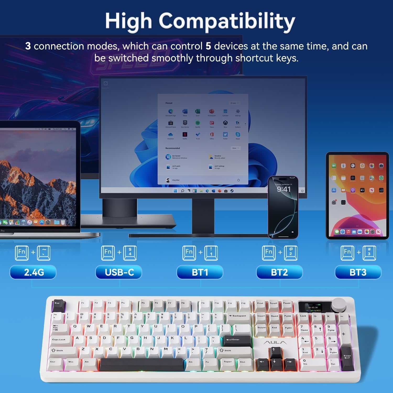 F106PRO Keyboard, Full Size Mechanical Keyboard with Media Knob & Screen, 8000mAh Hot Swappable Custom PBT keycaps Gaming Keyboard - Blaze ,Black White Grey