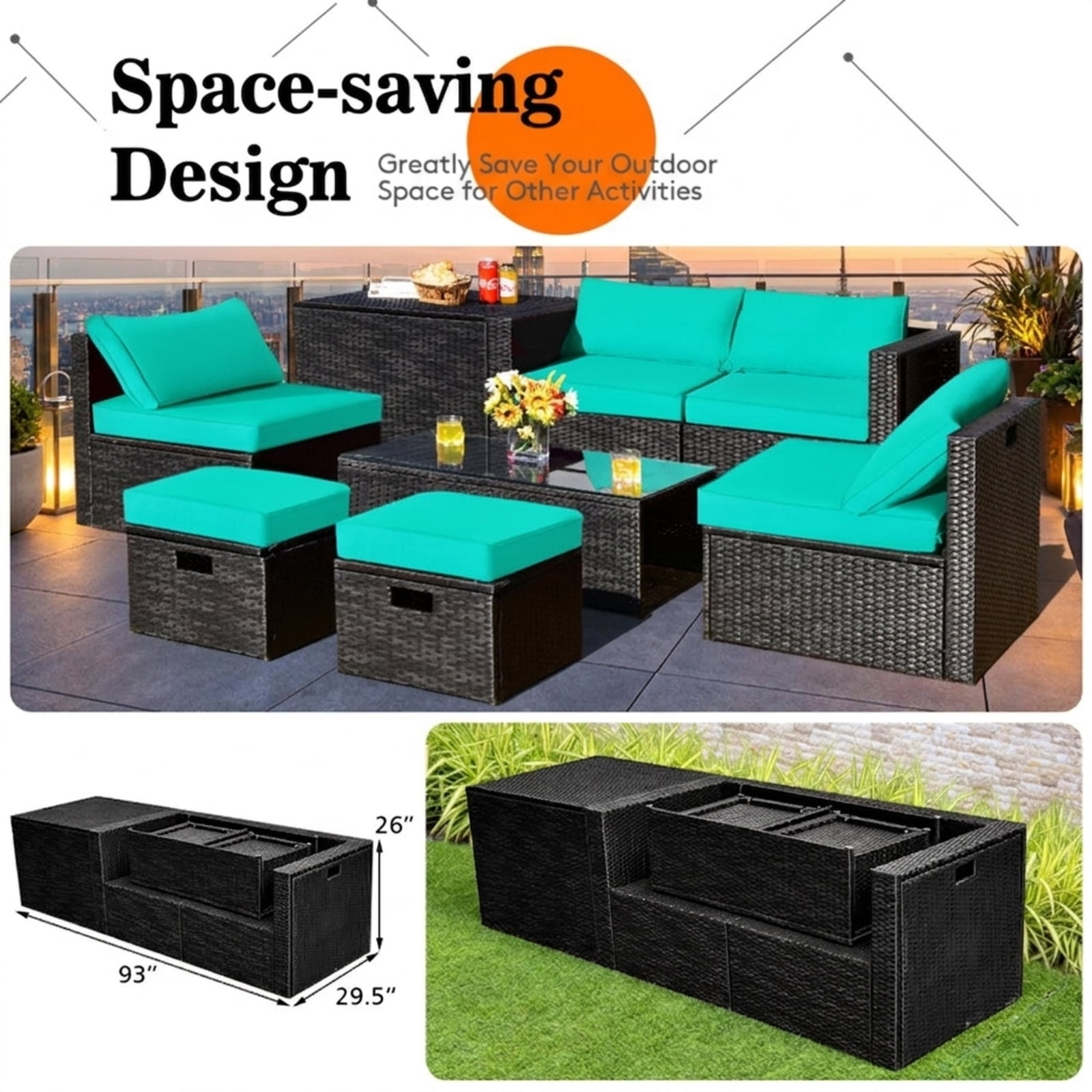 Furnibear 8 Pieces Patio Rattan Furniture Set Outdoor Wicker Conversation Sofa Set with Storage Table Tempered Glass Top and Cushions for Backyard, Turquoise