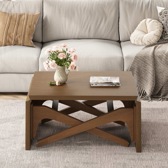 Transformer Coffee Table Expandable Dining Table 2-in-1 Multi-Function Adjustable Height Natural Wood