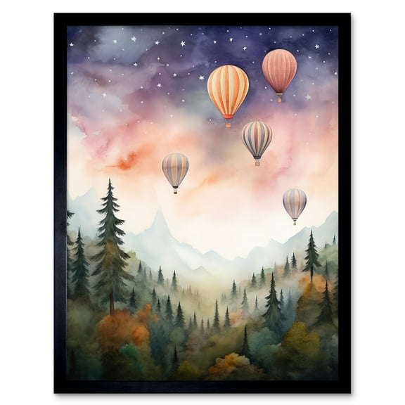 Hot Air Balloons Over Misty Forest Landscape Watercolour Painting Orange Green Purple Dreamy Dusk Sky Stars Kids Bedroom Art Print Framed Poster Wall Decor 12x16 inch