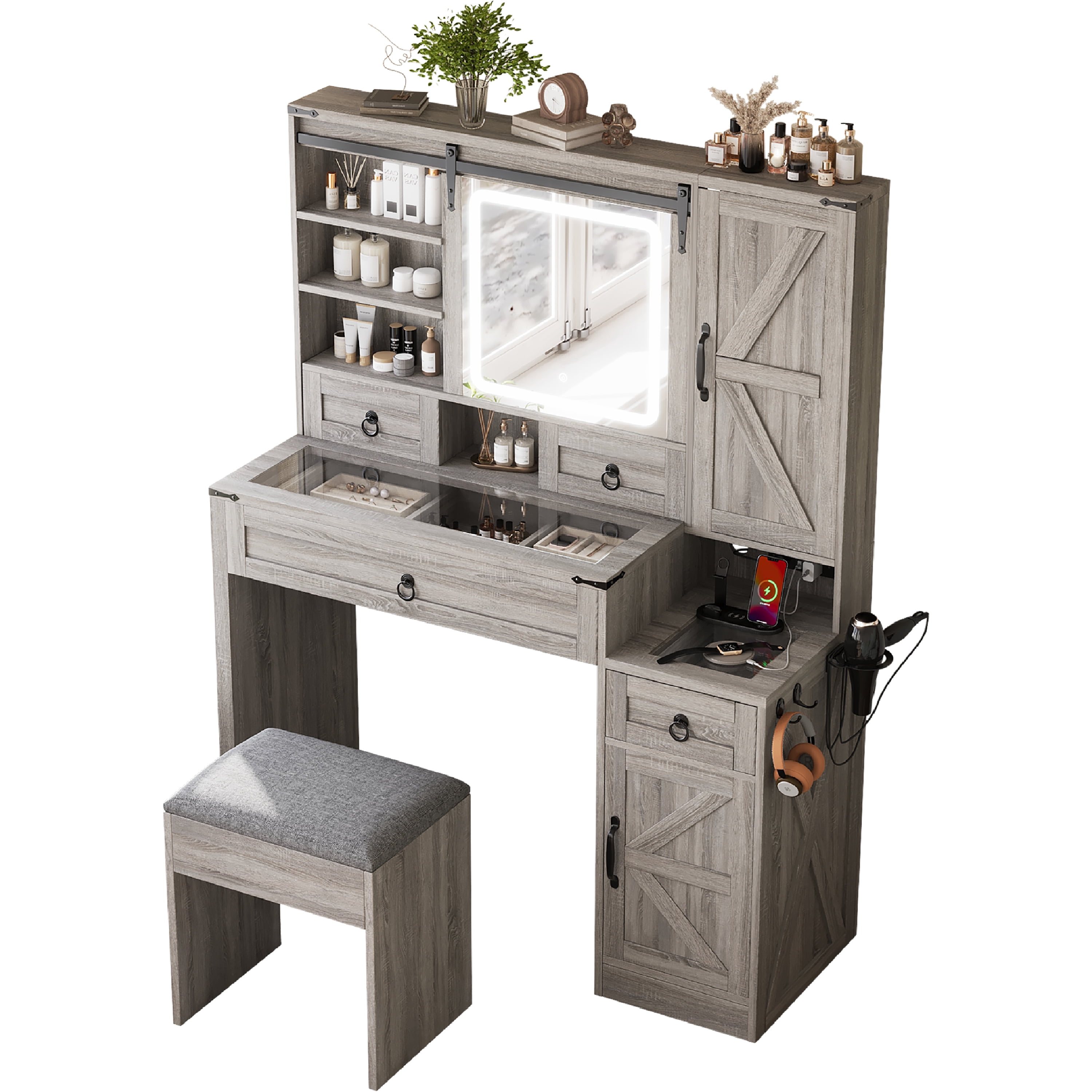 Euroco Farmhouse Vanity Desk with Sliding Mirror and Lights, Vanity Set with Glass Top and Charging Station ,Dressing Table with 4 Drawers and 2 Cabinets, Dressing Table with Stool