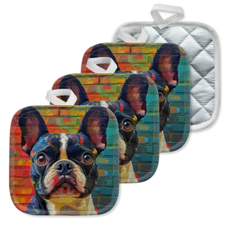 

4 Pack Pot Holders Kitchen Essential Potholder Set Color Blocked French Bulldog Against A Brick Wall