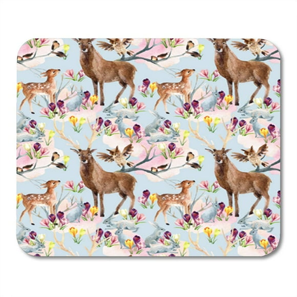 POGLIP Spring Forest Deer Fawn Rabbits Birds and First Flowers Mousepad Mouse Pad Mouse Mat 9x10 inch