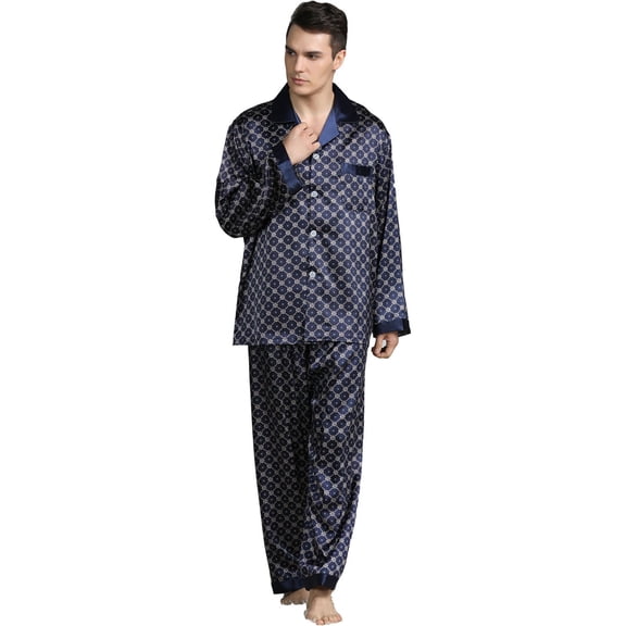 Men’s Satin Pajamas Set of Upper Shirt and Long Pants made of Artificial Silk in Elegant Patterns,5 Colors(Blue_Background,S)