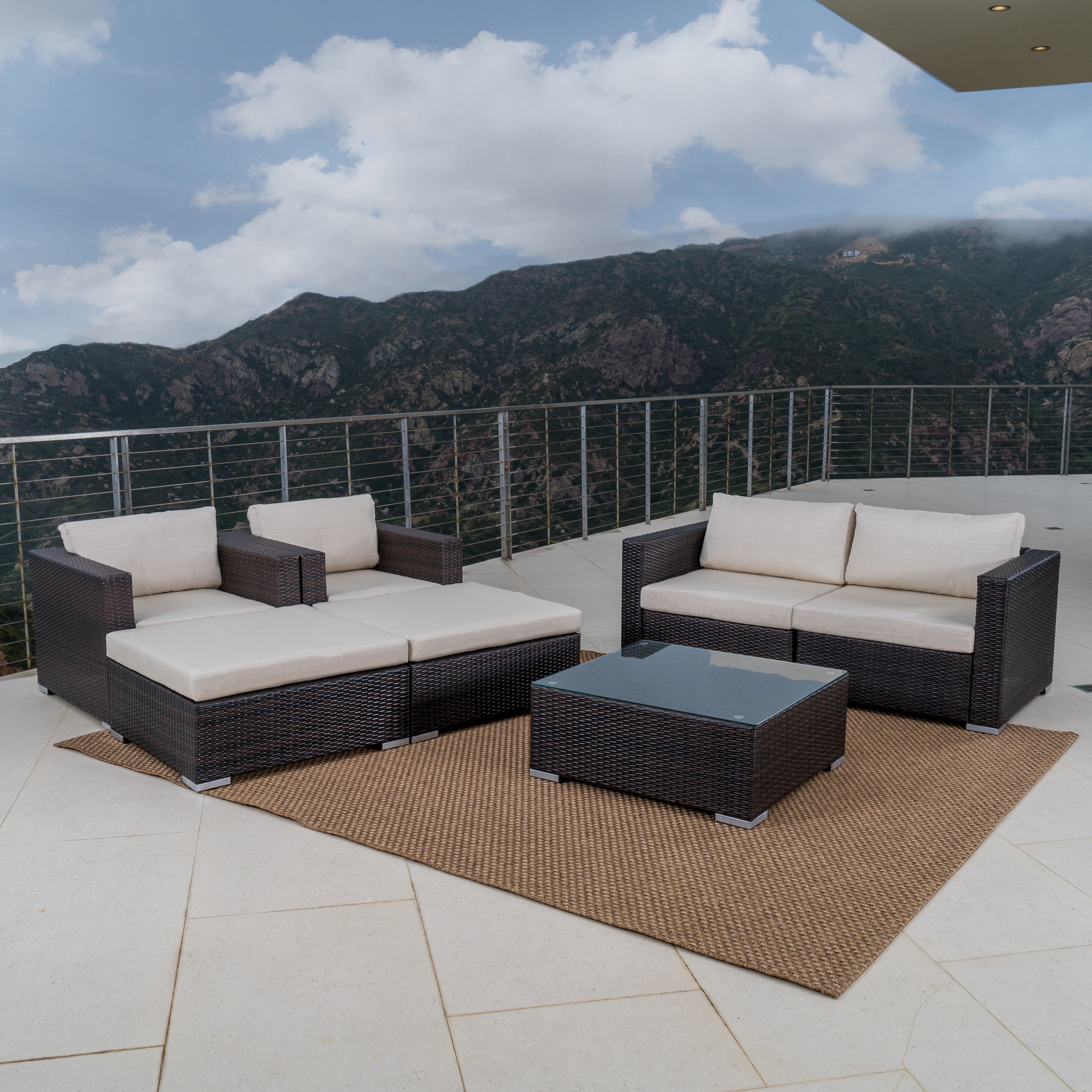 Faviola Outdoor 4 Seater Wicker Chat Set with Aluminum Frame and Cushions, Multibrown, Beige