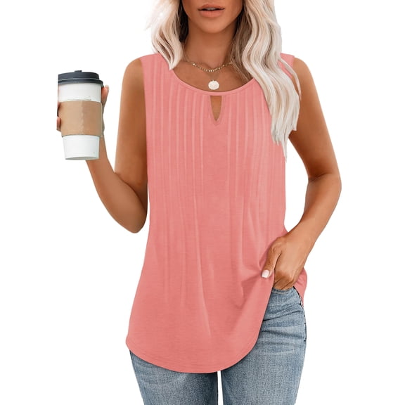 Women's Summer Pleated Tank Tops Keyhole Round Neck Babydoll Peplum Blouses Flowy Loose Fit Sleeveless Tunic Shirts