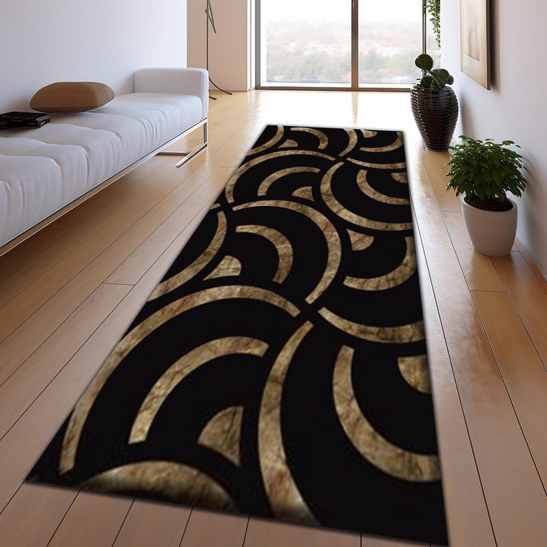 Marble Runner Rug, Luxury Black Gold Runner Rug, Modern Geometric Hallway Rug, Elegant Entryway Rug, Corridor Rug, Washable Rug, Floor Rug 60x18in/5x1.5ft