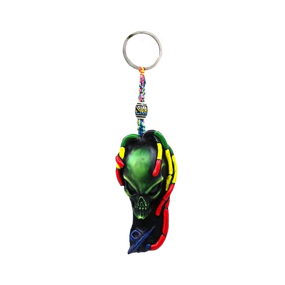 Rasta Alien UFO 3D Figurine Keychain Multicolored Macramé Metal Ring - Handmade Gifts Boho Car Keys Bag Accessories