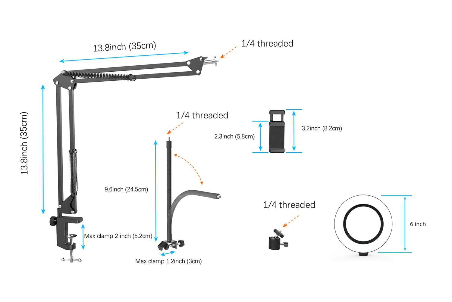 usmallbee Camera Mount with Ring Light Overhead, Flexible Articulating Phone Holder Compatible with iPhone, Logitech Webcam, Computer Tripod for YouTube Live Stream Video Recording