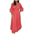 thumbnail image 4 of qolati Cotton Linen Dresses for Women 2023 Summer Plus Size V Neck Ruffle 3/4 Sleeve Boho Dress Eyelet Slim Fit Ruffle Hem Beach Maxi Dress, 4 of 7
