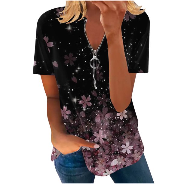 Blusa informal con cuello en V y manga corta con estampado de verano para mujer con estilo OAVQHLG3B Store lin121212