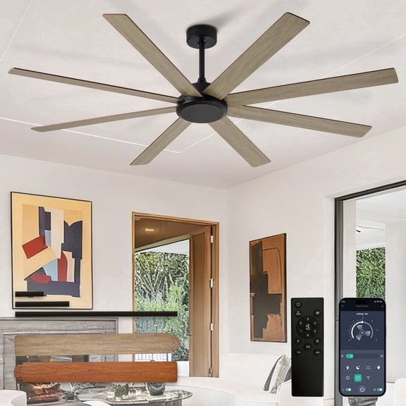 72-Inch Indoor/Outdoor Ceiling Fan without Light - Large Ceiling Fan with 8-Blade in Wood Walnut, Remote & App Control, Quiet DC Motor