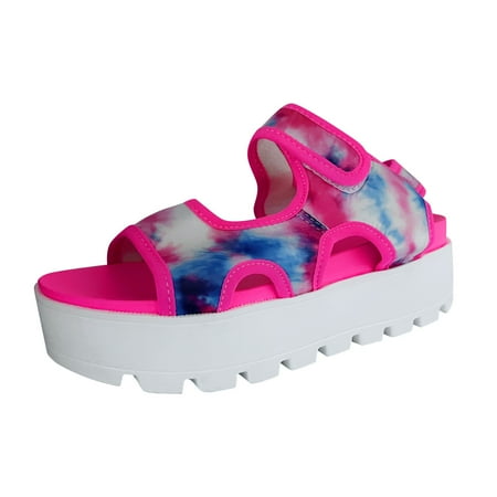 

Huanghuaa Ladies Fashion Summer Tie Dyed Cloth Face Open Toe Hook Loop Thick Sole Sandals