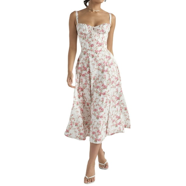 TRKIYQC Vestido Floral de Verano para Mujer, Estampado de Flores, Corbata, Corte Bajo, Sin Mangas, de una Pieza con Hendidura en el Dobladillo para Damas, S/M/L/XL TRKIYQC moda