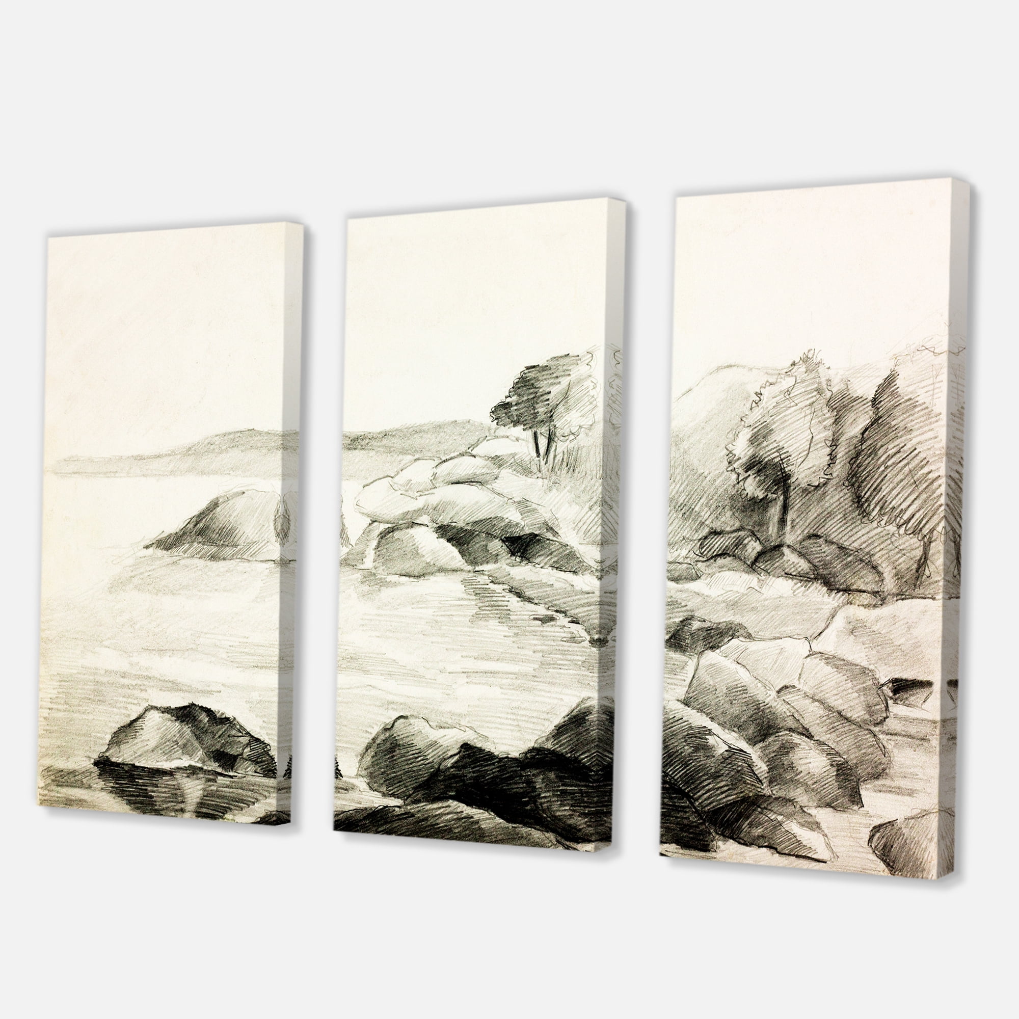 Designart ' Black and White Lake Shore ' Nautical & Coastal Canvas Wall Art Print