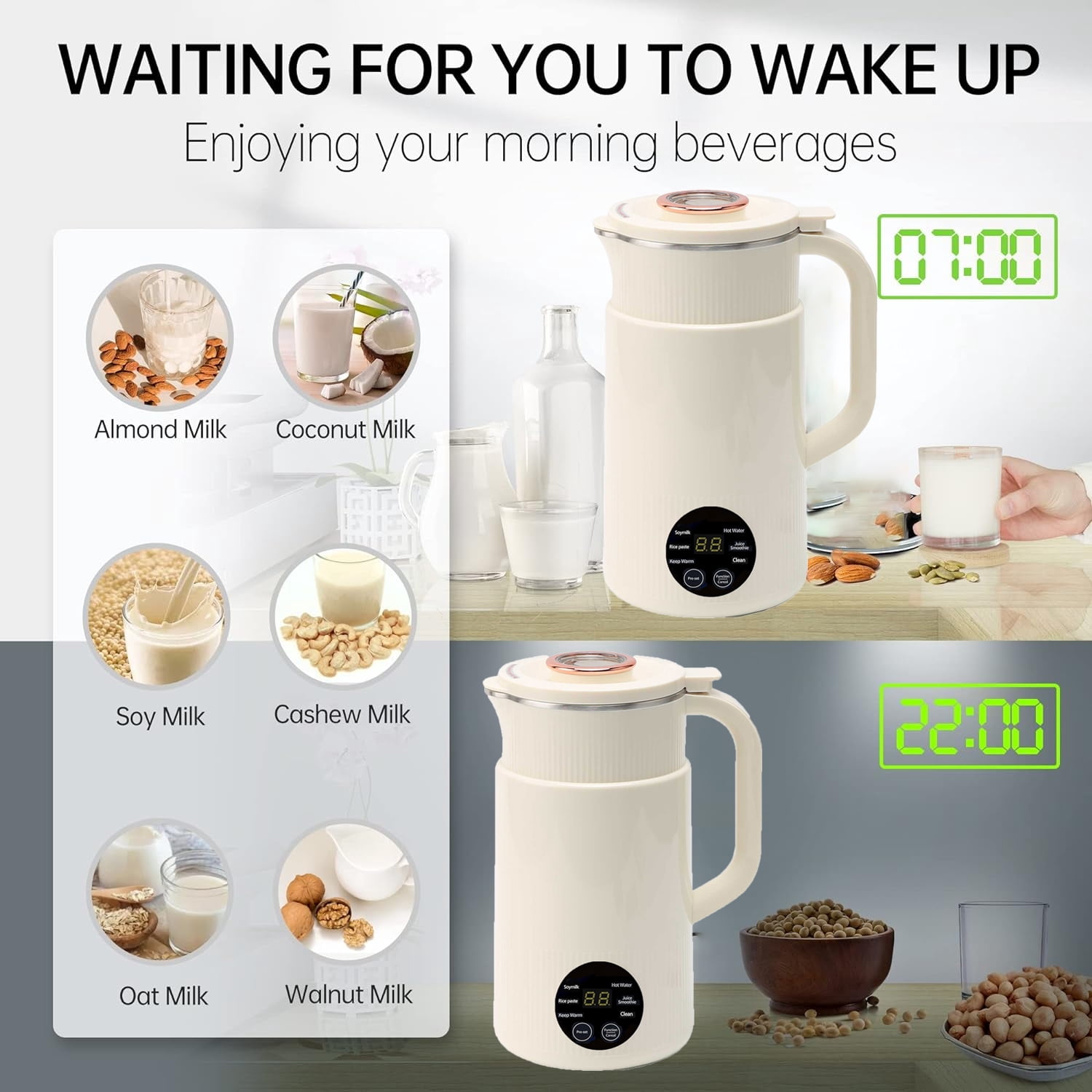 DISHUECO Automatic Nut Milk Maker, 6-in-1 Soy Milk Maker 27oz for Homemade Almond, Oat, Coconut, Soy, Plant-Based Milk and Non-Dairy Beverages, with 12H Timer/Self-Clean/Keep Warm/Boil Water, White
