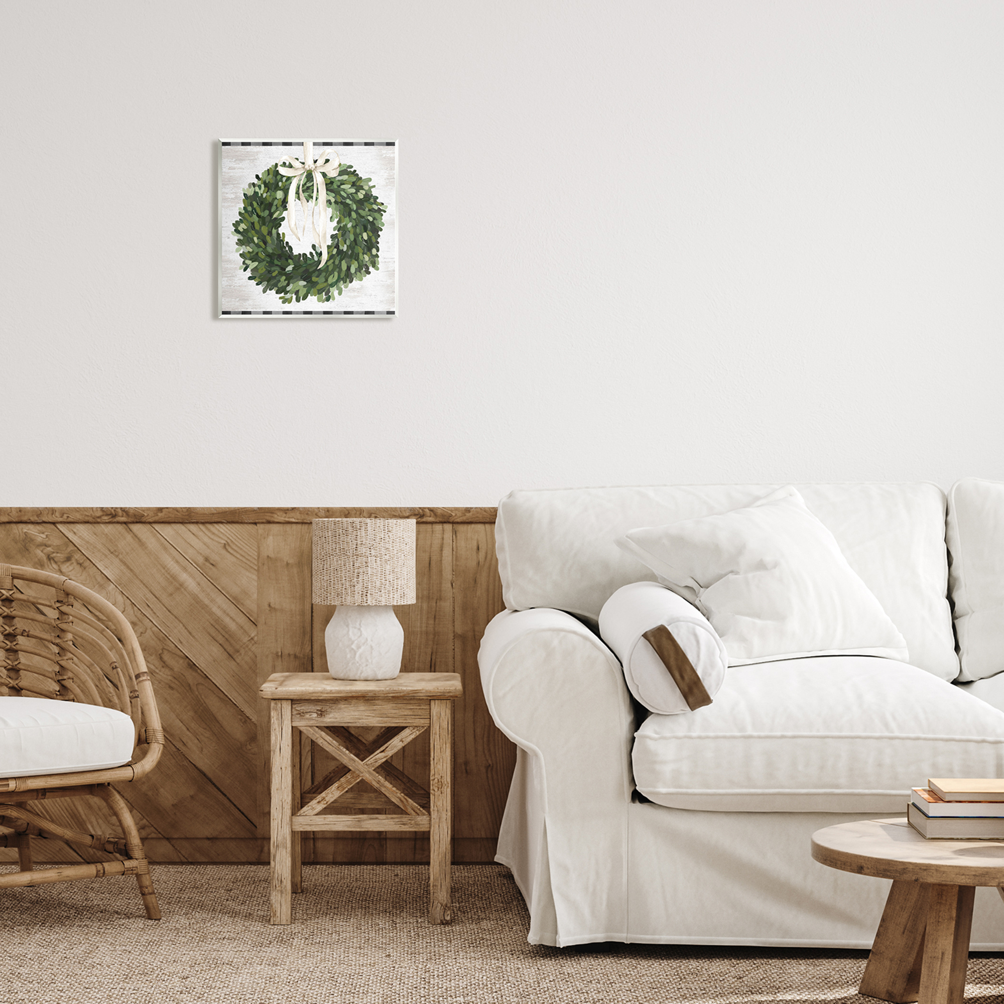 Stupell Industries Country Wreath with Plaid Botanical & Floral Painting Unframed Art Print Wall Art, 12 x 12