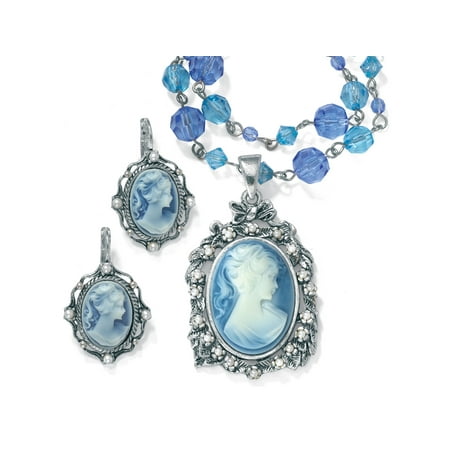 Simulated Pearl and Lucite Cameo Two-Piece Necklace and Earrings Set in Antiqued Silvertone